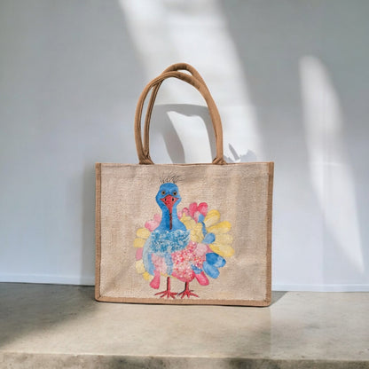pastel turkey tote bag, Thanksgiving tote bag, turkey tote bag, fall tote bag, beaded turkey jute bag, off white tote bag