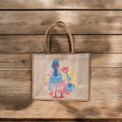 pastel turkey tote bag, Thanksgiving tote bag, turkey tote bag, fall tote bag, beaded turkey jute bag, off white tote bag