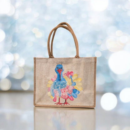 pastel turkey tote bag, Thanksgiving tote bag, turkey tote bag, fall tote bag, beaded turkey jute bag, off white tote bag