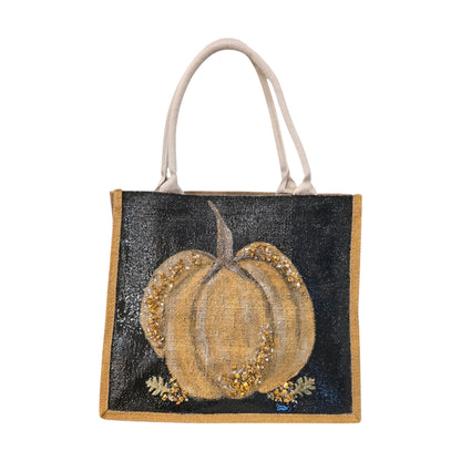 gold pumpkin tote bag, pumpkin tote bag, black tote bag, fall tote bag, Halloween tote bag, beaded pumpkin jute bag