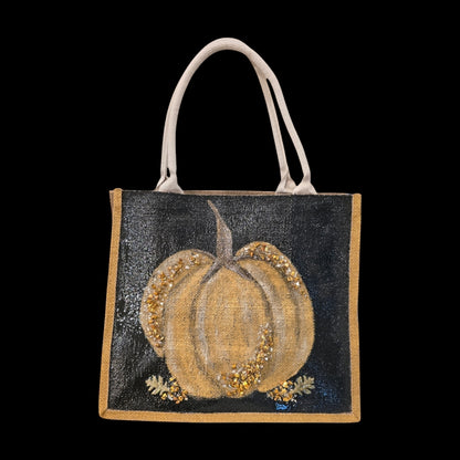 gold pumpkin tote bag, pumpkin tote bag, black tote bag, fall tote bag, Halloween tote bag, beaded pumpkin jute bag