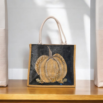 gold pumpkin tote bag, pumpkin tote bag, black tote bag, fall tote bag, Halloween tote bag, beaded pumpkin jute bag