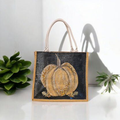 gold pumpkin tote bag, pumpkin tote bag, black tote bag, fall tote bag, Halloween tote bag, beaded pumpkin jute bag