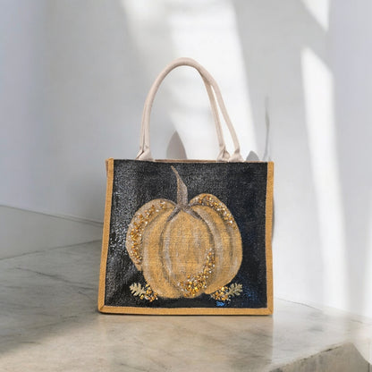 gold pumpkin tote bag, pumpkin tote bag, black tote bag, fall tote bag, Halloween tote bag, beaded pumpkin jute bag