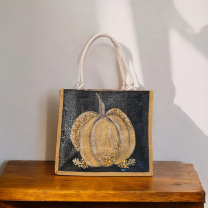 gold pumpkin tote bag, pumpkin tote bag, black tote bag, fall tote bag, Halloween tote bag, beaded pumpkin jute bag