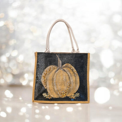 gold pumpkin tote bag, pumpkin tote bag, black tote bag, fall tote bag, Halloween tote bag, beaded pumpkin jute bag