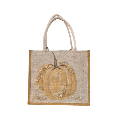 gold pumpkin tote bag, pumpkin tote bag, off white tote bag, fall tote bag, Thanksgiving tote bag, beaded pumpkin jute bag