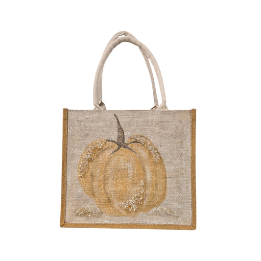 Hand-Painted-Tote-Bag, Gold-Pumpkin-on-Off-White-Metallic-Design, Unique-Artistic-Design