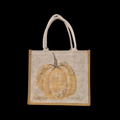 gold pumpkin tote bag, pumpkin tote bag, off white tote bag, fall tote bag, Thanksgiving tote bag, beaded pumpkin jute bag