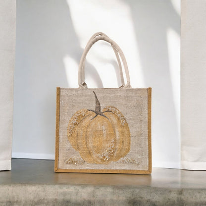 gold pumpkin tote bag, pumpkin tote bag, off white tote bag, fall tote bag, Thanksgiving tote bag, beaded pumpkin jute bag