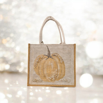 gold pumpkin tote bag, pumpkin tote bag, off white tote bag, fall tote bag, Thanksgiving tote bag, beaded pumpkin jute bag