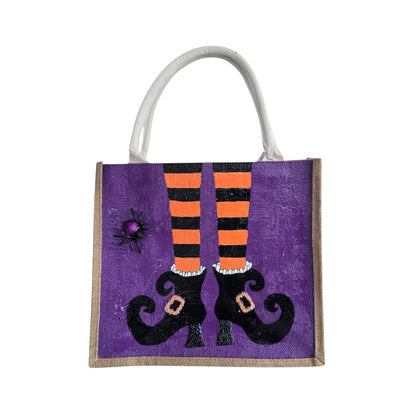 witches feet tote bag, Halloween tote bag, witch tote bag, purple tote bag, beaded Halloween jute bag