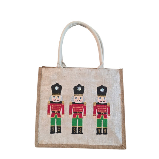 Festive-Hand-Painted-Tote, Nutcrackers-on-a-Off-White-Design, Unique-Artistic-Design