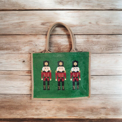 nutcracker tote bag, hand painted Christmas tote, beaded holiday tote, green jute Christmas market bag