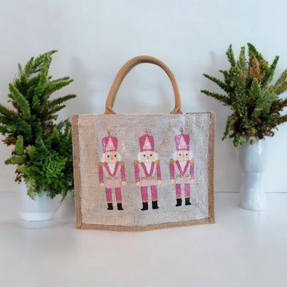 pink nutcracker tote bag, hand painted Christmas tote, beaded holiday tote, off white jute Christmas market bag