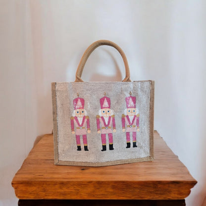 pink nutcracker tote bag, hand painted Christmas tote, beaded holiday tote, off white jute Christmas market bag