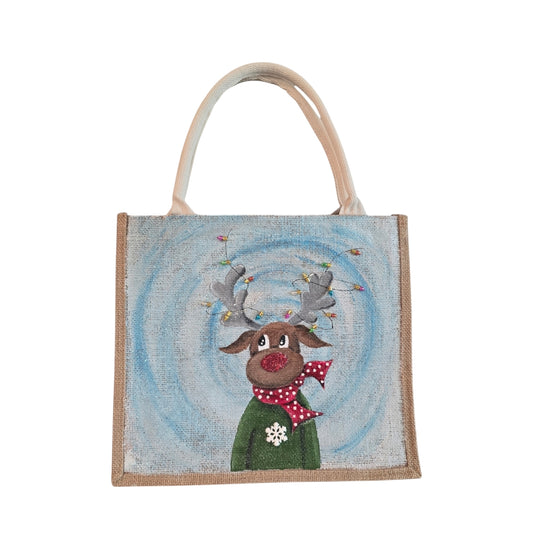 Festive-Hand-Painted-Tote, Reindeer-with-Lights-Design, Unique-Artistic-Design