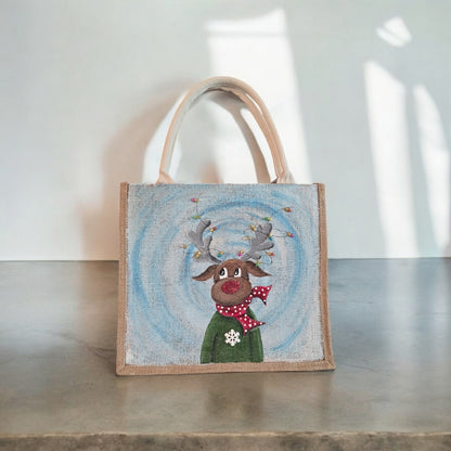 reindeer with lights tote bag, hand painted Christmas tote, beaded holiday tote, blue jute Christmas market bag