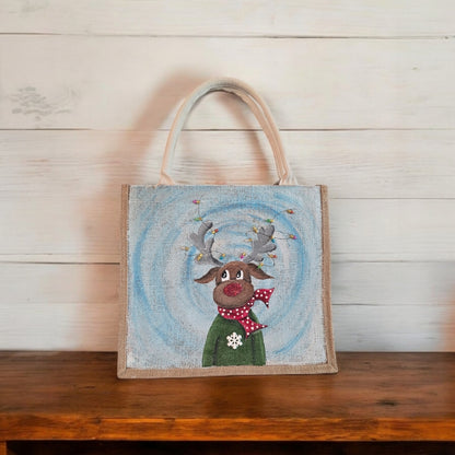reindeer with lights tote bag, hand painted Christmas tote, beaded holiday tote, blue jute Christmas market bag