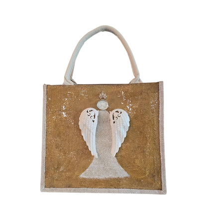 gold and white angel tote bag, hand painted angel Christmas tote, beaded angel holiday tote, gold jute Christmas market bag