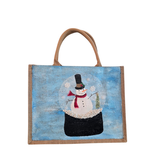 Festive-Hand-Painted-Tote, Snow-Globe-Design, Unique-Artistic-Design