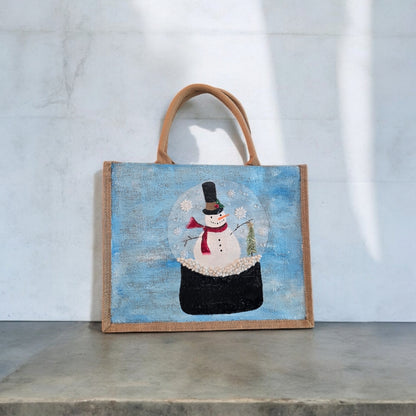 snow globe tote bag, hand painted Christmas tote, beaded holiday tote, blue jute Christmas market bag