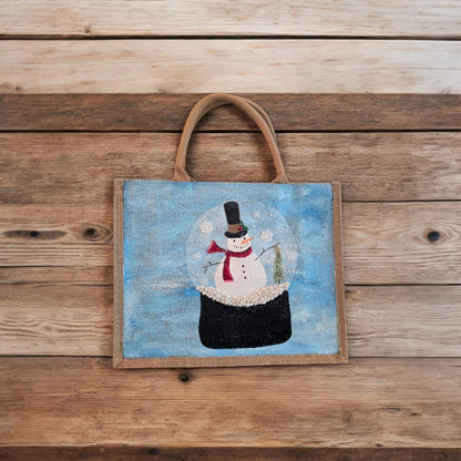 snow globe tote bag, hand painted Christmas tote, beaded holiday tote, blue jute Christmas market bag
