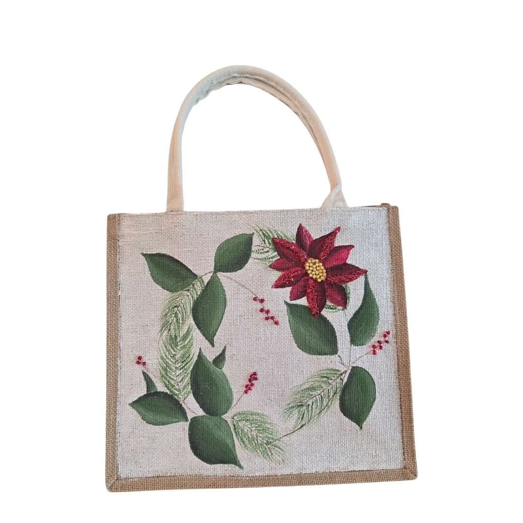 Holiday-Tote, Poinsettia-Hand-Painted-Canvas-Bag, Artistic-Design