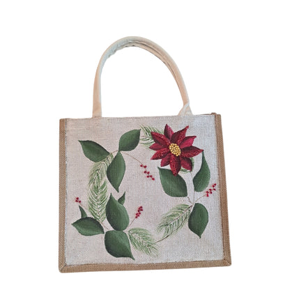 poinsettia tote bag, hand painted Christmas tote, beaded holiday tote, off white jute Christmas market bag