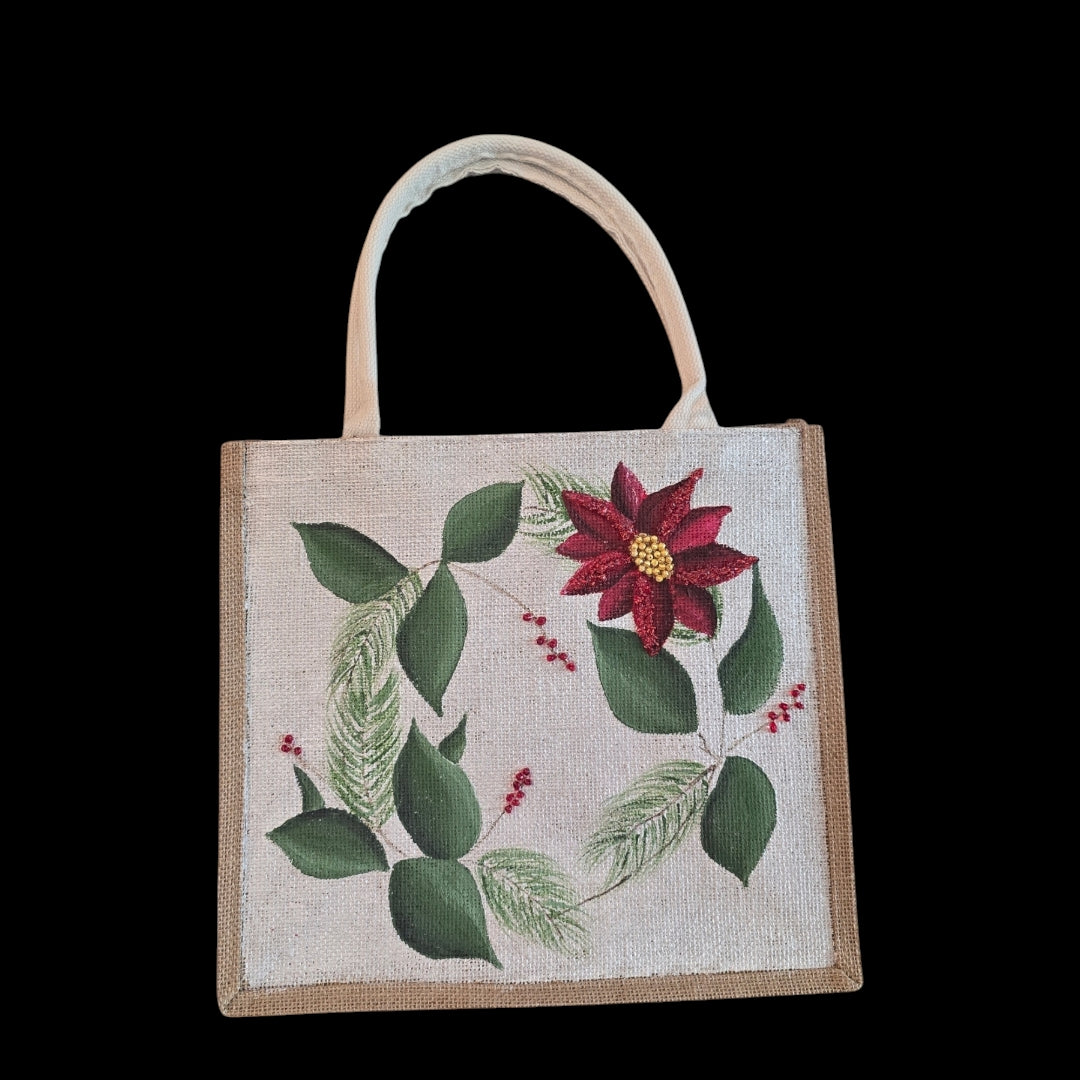 Holiday-Tote, Poinsettia-Hand-Painted-Canvas-Bag, Artistic-Design