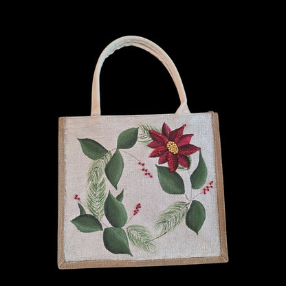poinsettia tote bag, hand painted Christmas tote, beaded holiday tote, off white jute Christmas market bag