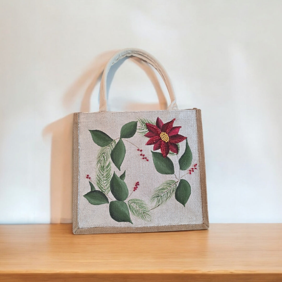 Holiday-Tote, Poinsettia-Hand-Painted-Canvas-Bag, Artistic-Design