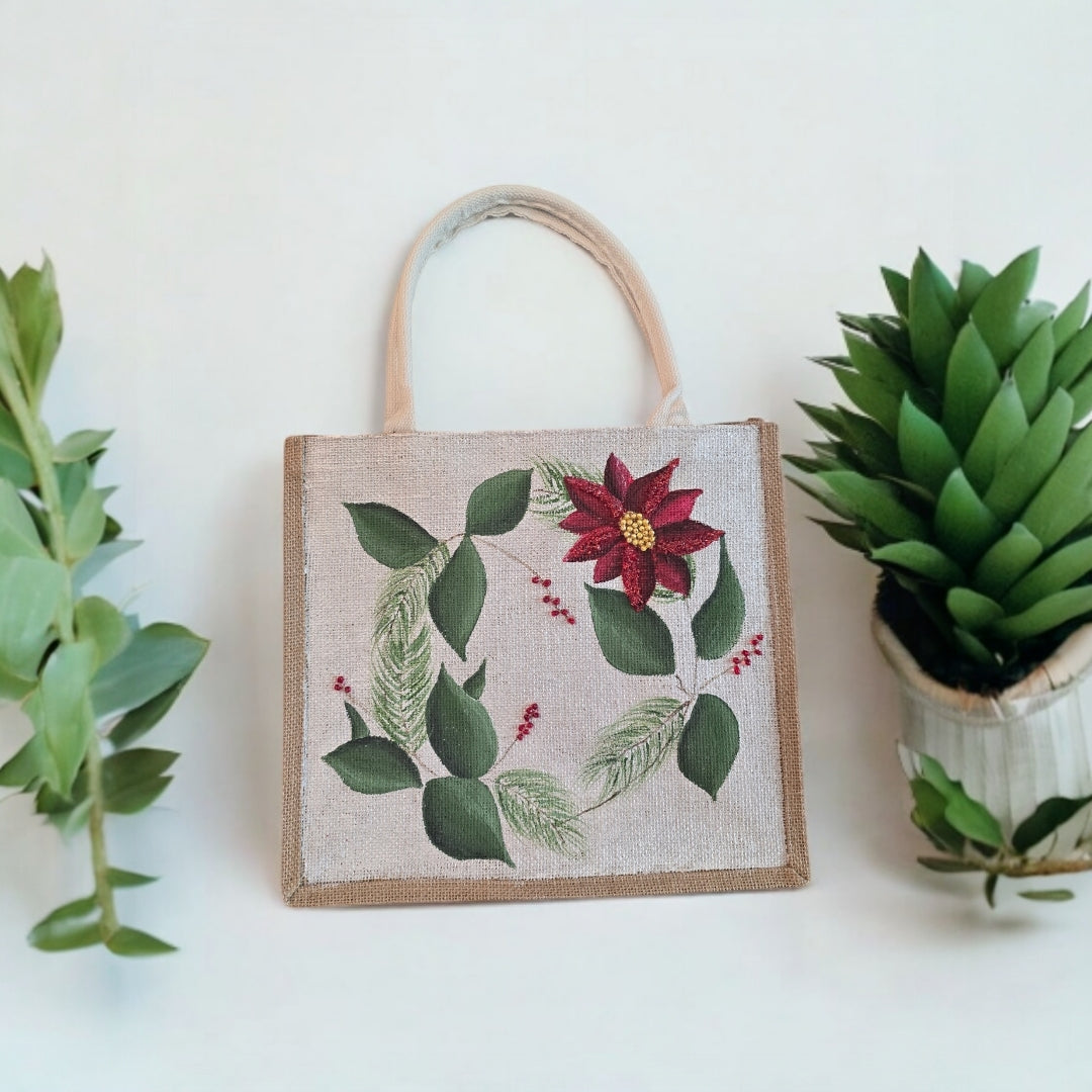 Holiday-Tote, Poinsettia-Hand-Painted-Canvas-Bag, Artistic-Design