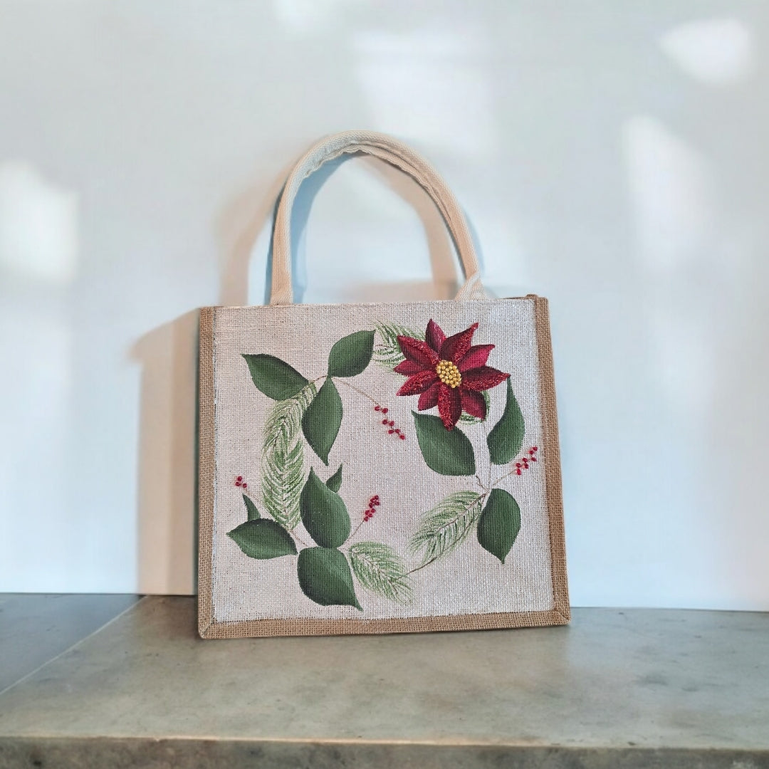 Holiday-Tote, Poinsettia-Hand-Painted-Canvas-Bag, Artistic-Design