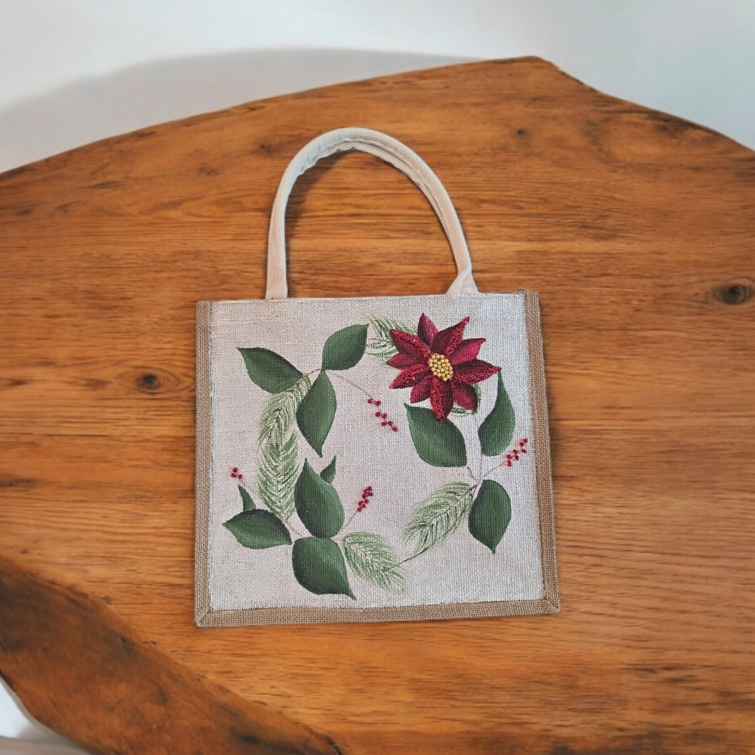 Holiday-Tote, Poinsettia-Hand-Painted-Canvas-Bag, Artistic-Design