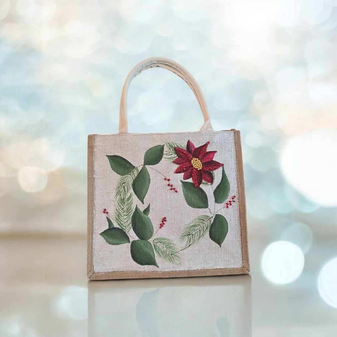 Holiday-Tote, Poinsettia-Hand-Painted-Canvas-Bag, Artistic-Design