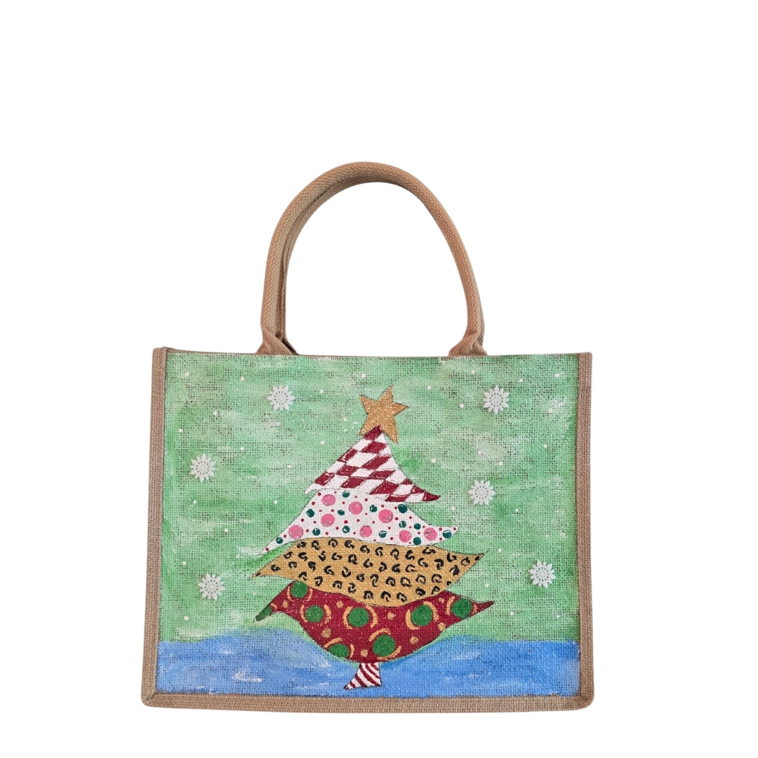 Holiday-Tote, Whimsical-Tree-Hand-Painted-Canvas-Bag, Artistic-Design