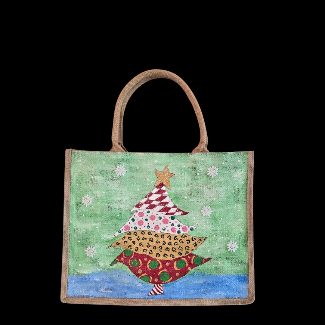 Holiday-Tote, Whimsical-Tree-Hand-Painted-Canvas-Bag, Artistic-Design