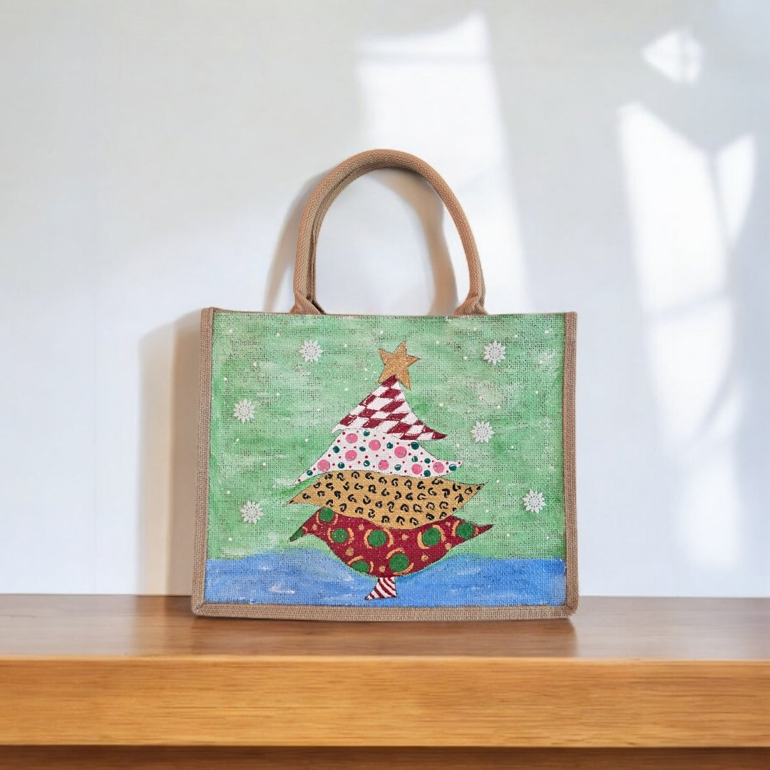 Holiday-Tote, Whimsical-Tree-Hand-Painted-Canvas-Bag, Artistic-Design