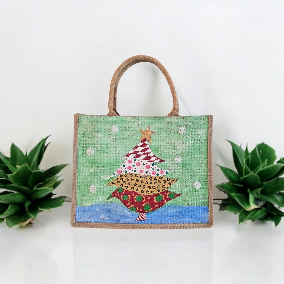 Holiday-Tote, Whimsical-Tree-Hand-Painted-Canvas-Bag, Artistic-Design