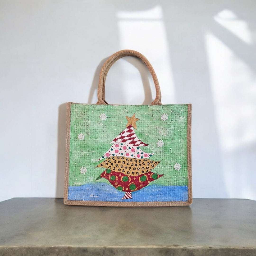 Holiday-Tote, Whimsical-Tree-Hand-Painted-Canvas-Bag, Artistic-Design