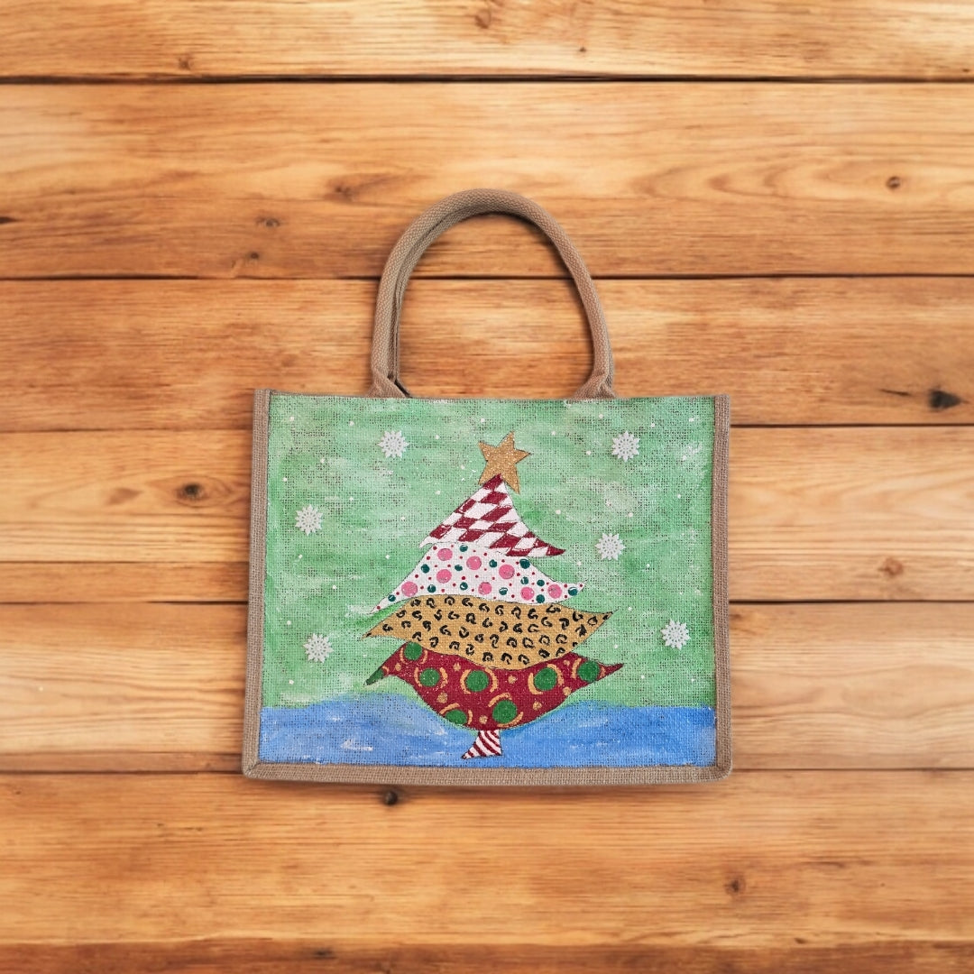 Holiday-Tote, Whimsical-Tree-Hand-Painted-Canvas-Bag, Artistic-Design