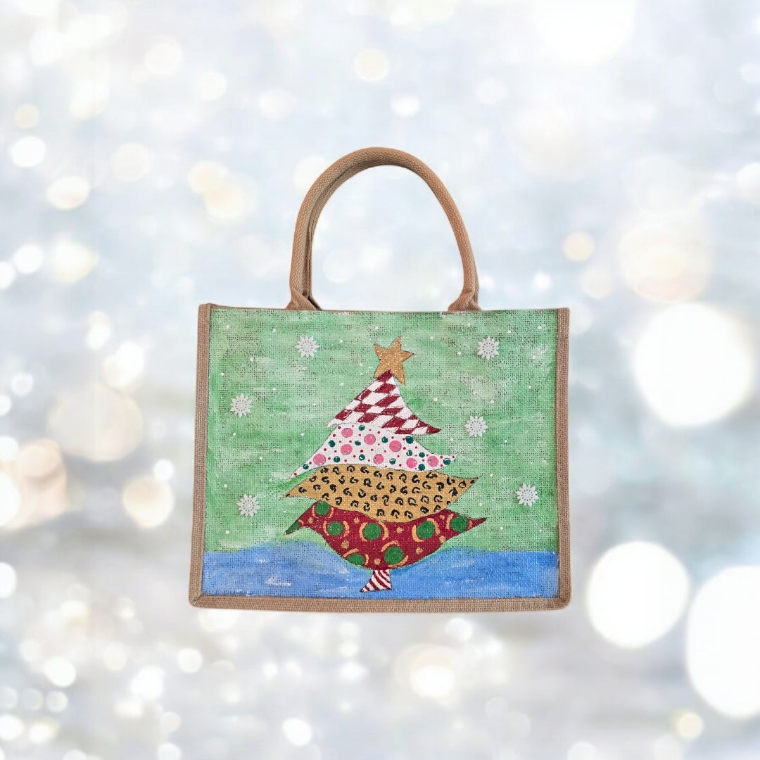 Holiday-Tote, Whimsical-Tree-Hand-Painted-Canvas-Bag, Artistic-Design