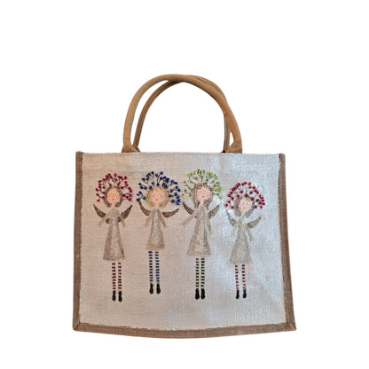 whimsical angels tote bag, hand painted Christmas tote, beaded holiday tote, off white jute Christmas market bag