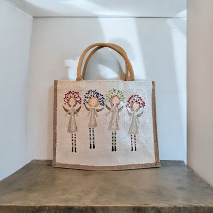 whimsical angels tote bag, hand painted Christmas tote, beaded holiday tote, off white jute Christmas market bag