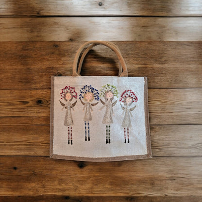 whimsical angels tote bag, hand painted Christmas tote, beaded holiday tote, off white jute Christmas market bag