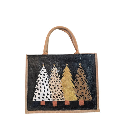 animal print Christmas tree tote bag, hand painted Christmas tote, beaded holiday tote, black jute Christmas market bag