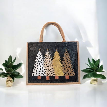 animal print Christmas tree tote bag, hand painted Christmas tote, beaded holiday tote, black jute Christmas market bag