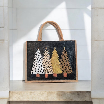 animal print Christmas tree tote bag, hand painted Christmas tote, beaded holiday tote, black jute Christmas market bag
