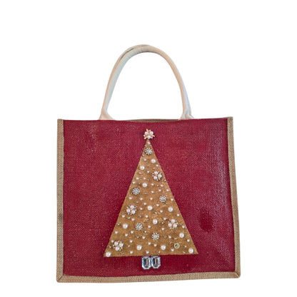 gold jeweled tree tote bag, hand painted Christmas tote, beaded holiday tote, red jute Christmas market bag